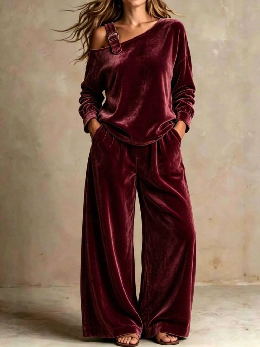 Burgundy Modest Women's One Shoulder Pocket Long Pants